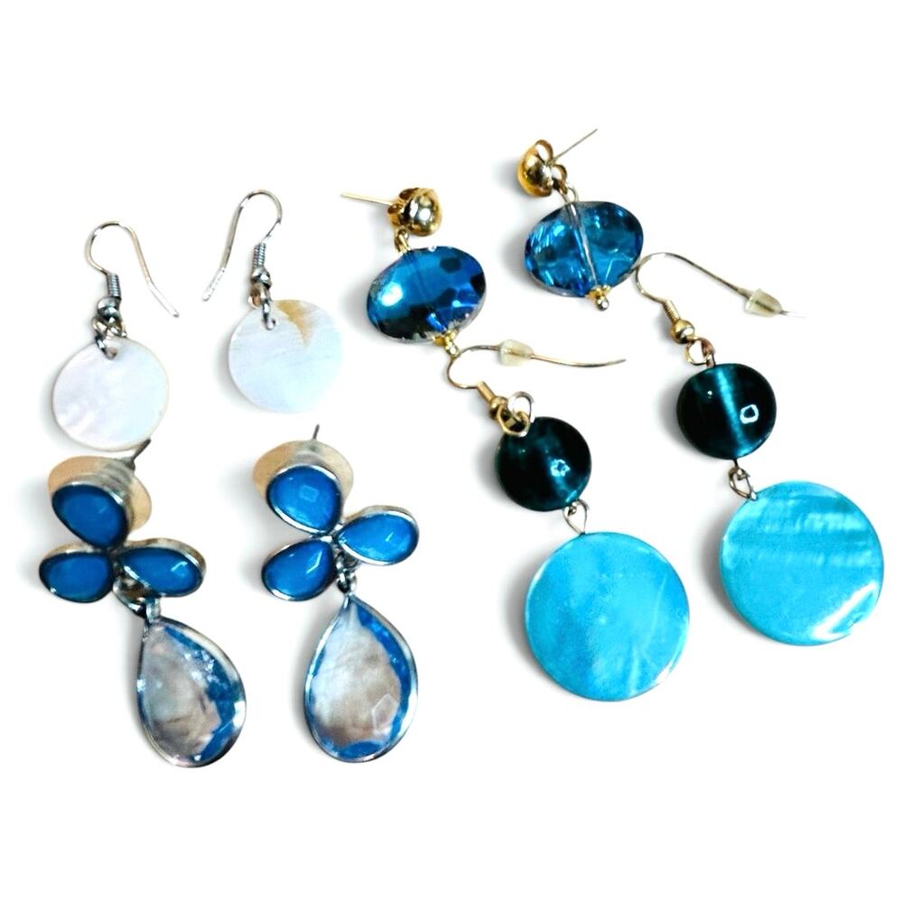 Dangle Drop Earrings 4 Pairs Blue Tones and White Floral Shell Iridescent Mix